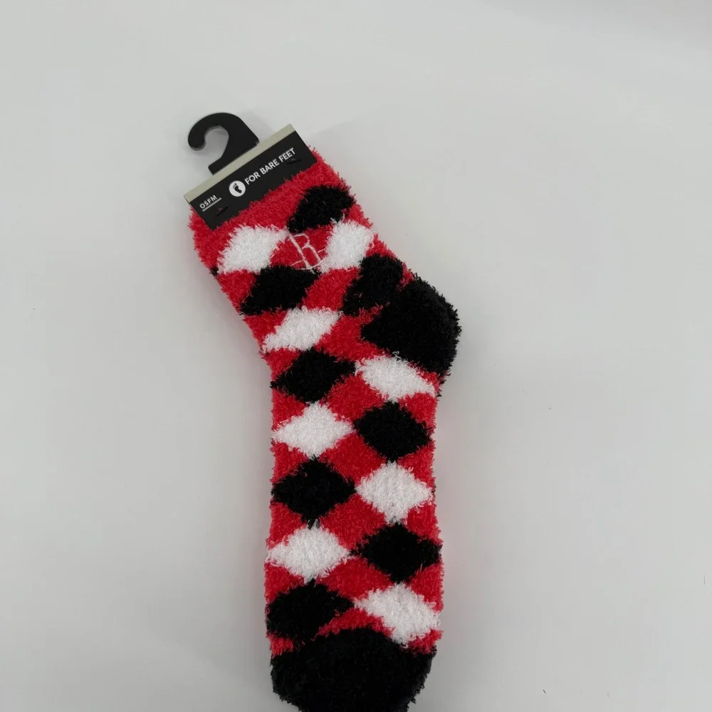For Bare‎ Feet OSFM Houston Rockets Red Black Argyle Fuzzy Crew Socks NWT